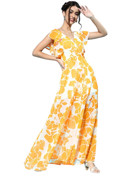 SASSAFRAS Mustard Floral Frill Sleeve Maxi
