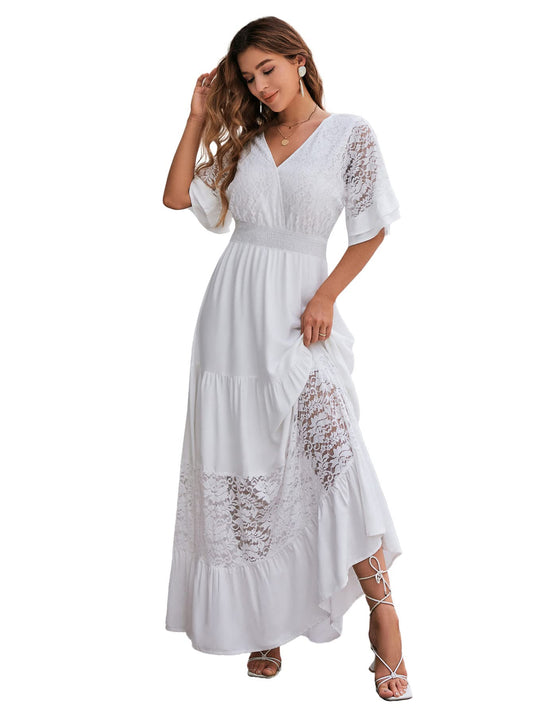 Simplee Women V Neck Formal Lace Maxi Dress Ruffle Flowy Short Sleeve Boho Wedding Guest Party Summer Long Dress, Lace_white, Large