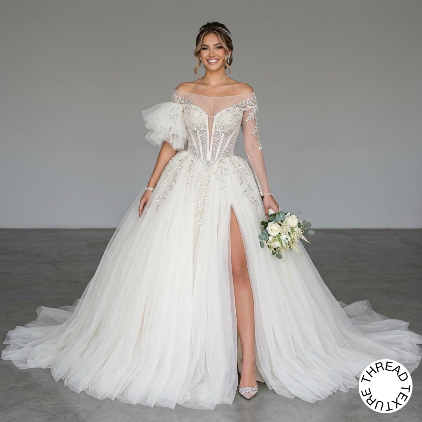 ThreadTexture Women's Luxury Off-the-Shoulder Beaded Wedding Dress Crystal Corset High Slit Bridal Gown (in, Alpha, XS, Regular, White, Designer Shivay)