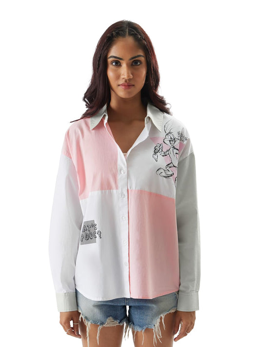 The Souled Store Official Looney Tunes: Bugs is Back Women and Girls Oversize Fit Full Sleeve Cotton Multicolor Boyfriend Shirt Women Boyfriend Shirts Fashionable Trendy Graphic Prints Pop Culture