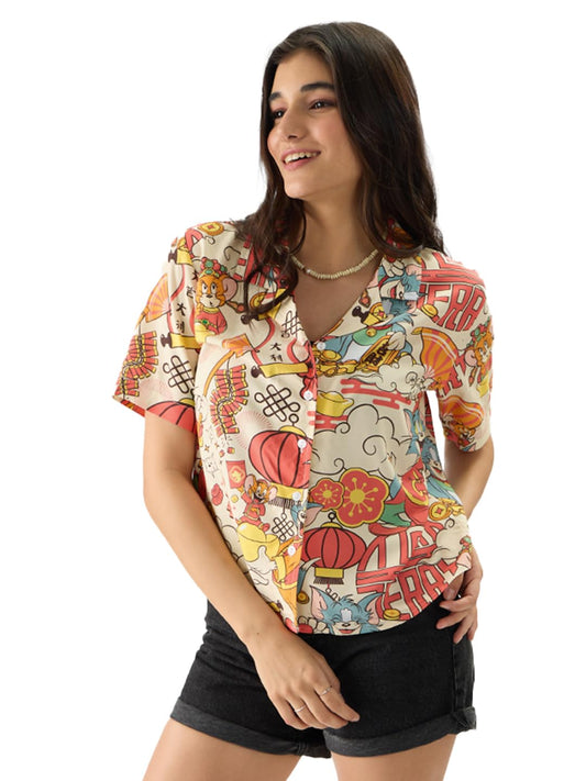 The Souled Store Tom and Jerry: New Year Short Sleeve Collared Neck Button Front Multicolor All Over Print Regular Fit Summer Shirts for Women and Girls - Fun and Vibrant Fashion for The Season