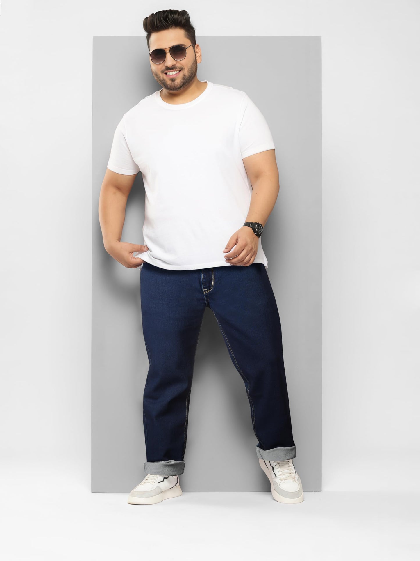 RIG BONE Plus Size Men's Stretchable Heavy Fade Jeans Relaxed Fit High Rise Solid Denim Pants Sizes 36 to 48 (in, Numeric, 48, Plus, Dark Blue)