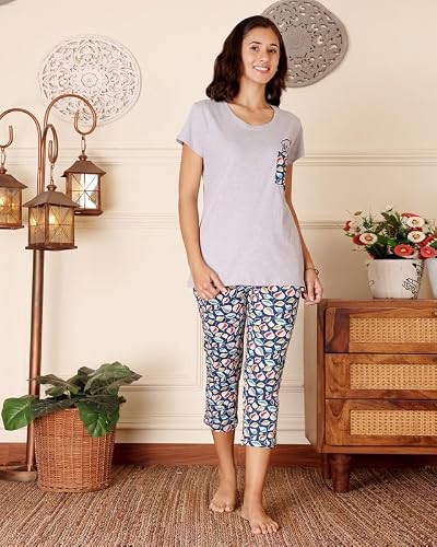 BODYCARE Women's Cotton Printed T-Shirt and Capri Set | Soft & Breathable Nightwear | Short Sleeves | Loungewear Co-Ord Set| BSCS16049_100 Multicolour