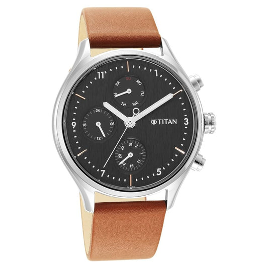 Titan Neo Quartz Multifunction Black Dial Brown Leather Strap Watch for Men - NT1803SL02