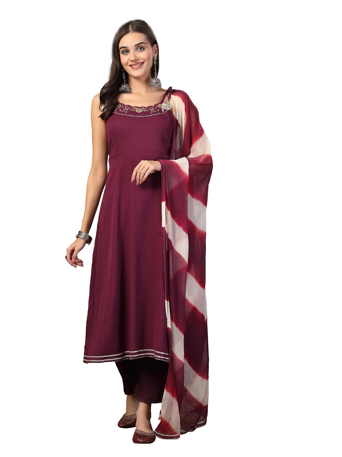 Stylum Women's Solid & Embroidered Poly Crepe A-Line Kurta Pant Dupatta Set