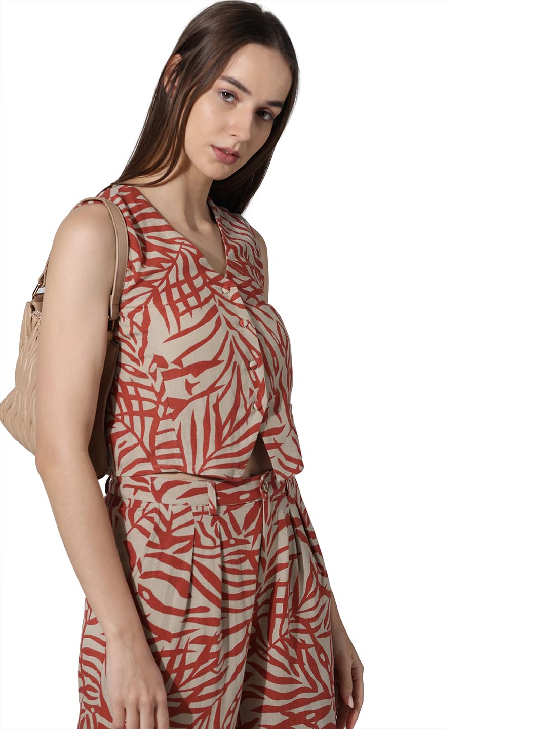 ONLY Women Printed Viscose Crop Length Beige Waistcoat