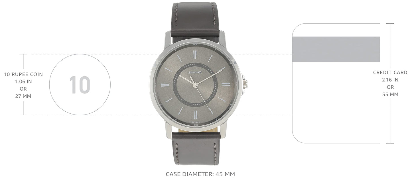 Sonata Quartz Analog Grey Dial Leather Strap Watch for Men-NS77083SL06W/NT77083SL06W