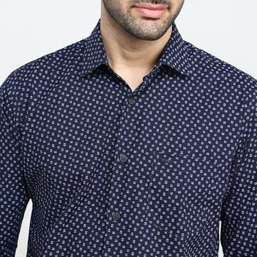 Park Avenue Men Slim Fit Print Pattern Pure Cotton Semicutaway Collar Full Sleeve Casual Shirt Blue