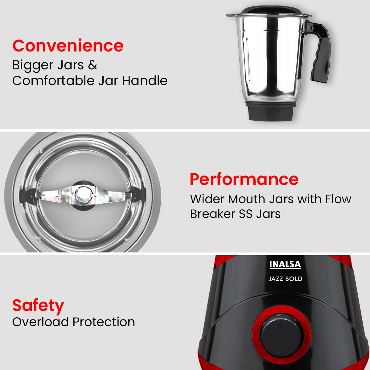 INALSA Mixer Grinder|500W Powerful Motor|High RPM 21000 for Finer Grinding Result|3 Stainless Steel Jars (1.2 L,0.8 L,0.4 L)|Leak-Proof Lid|3 Speed Control & Pulse Function|2 Year Warranty|Jazz Bold