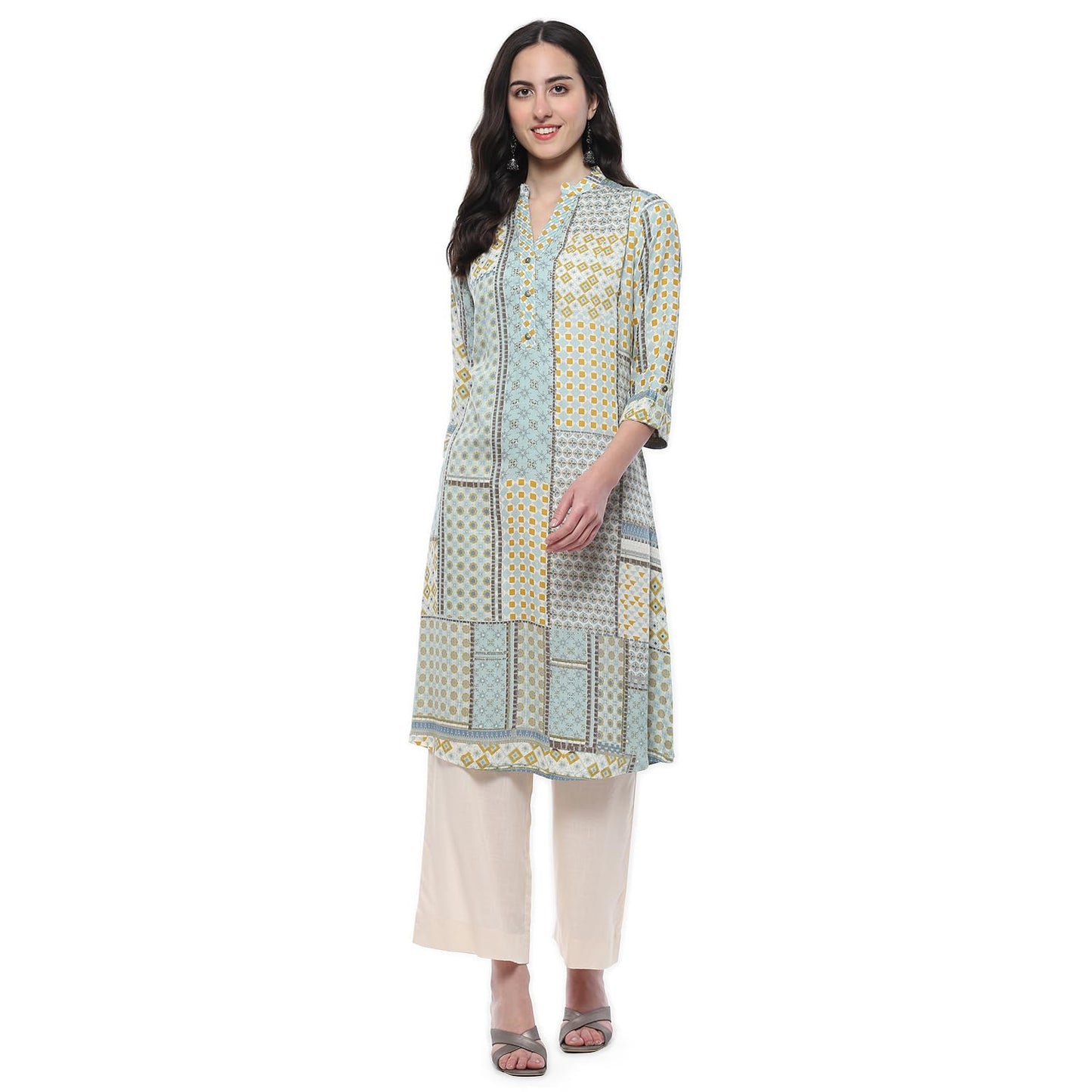 BIBA Women Rayon Printed Straight Regular Fit Kurta Mix and Match(Azul Collection20485_Teal_36)