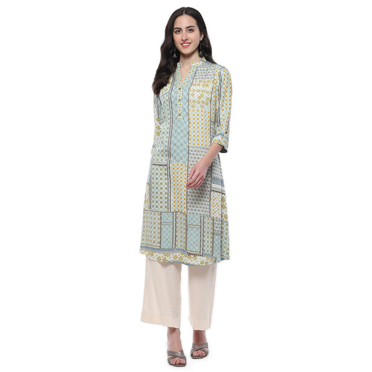BIBA Women Rayon Printed Straight Regular Fit Kurta Mix and Match(Azul Collection20485_Teal_36)