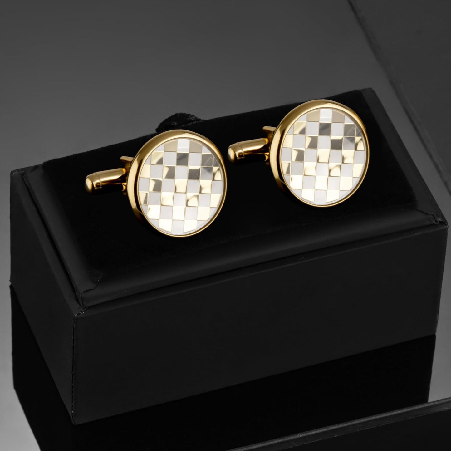 UJOY Men's Cufflinks - Gold Plated, Chessboard Design, Round Shape, Suitable for Business Wedding Dinner Formal Dress, with Gift Box