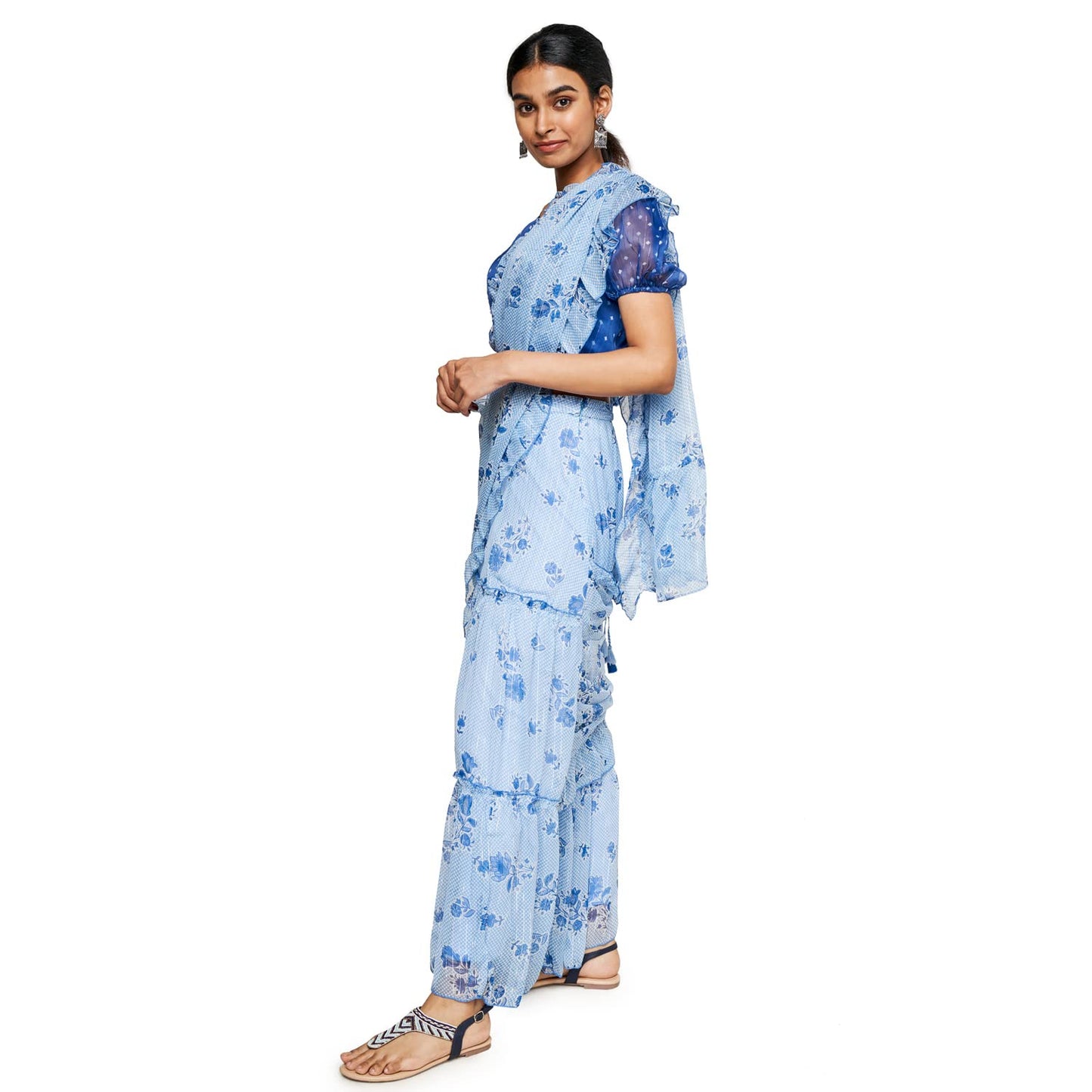 global desi Women's Polyester Stitched Saree (SS22GD055SSLRX_Blue)