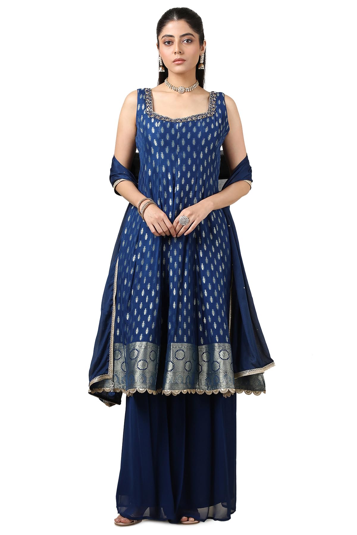 Soch Womens Blue Brocade Woven Design Suit Set With Mirror And Cutdana