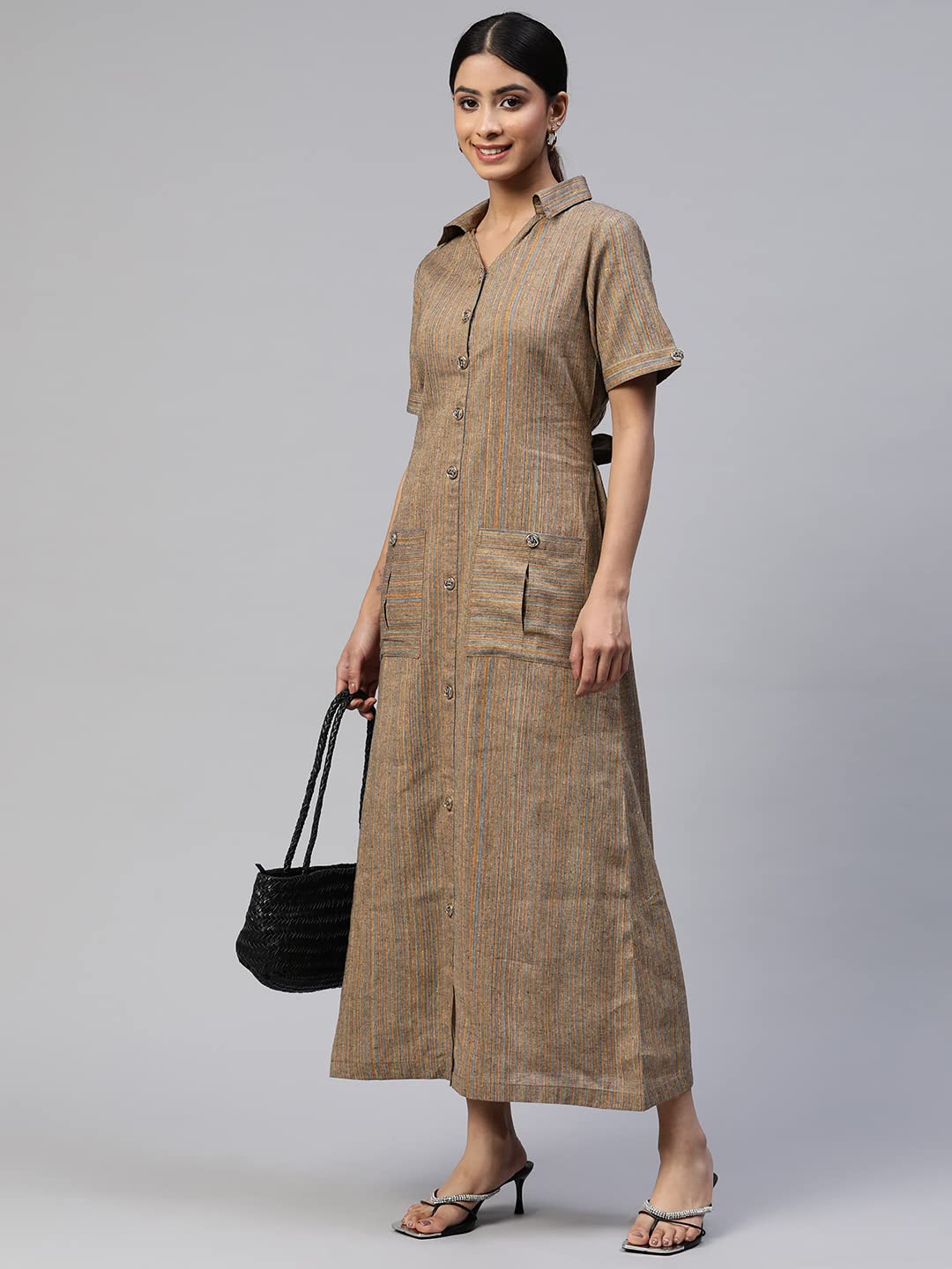 Cottinfab Women Green & Blue Striped Shirt Cotton Maxi Dress