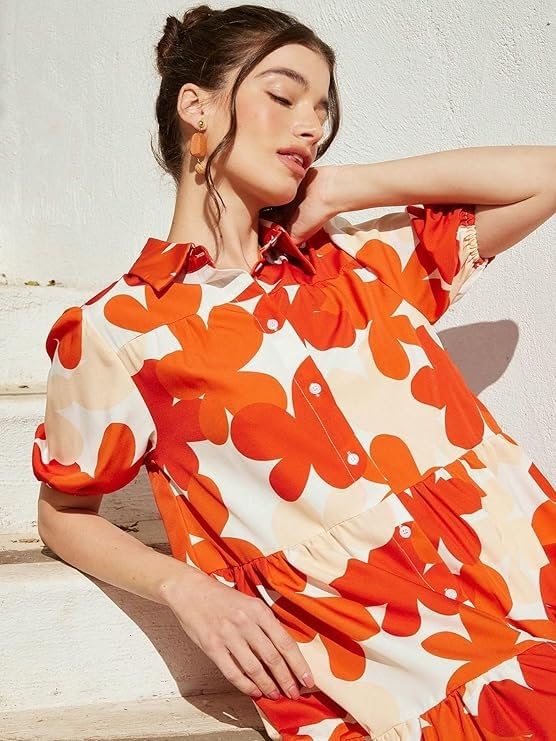 eightone Women's Floral Print Rayon Ruffled A-Line Midi Dress – Elegant Summer (in, Alpha, L, Regular, Orange)