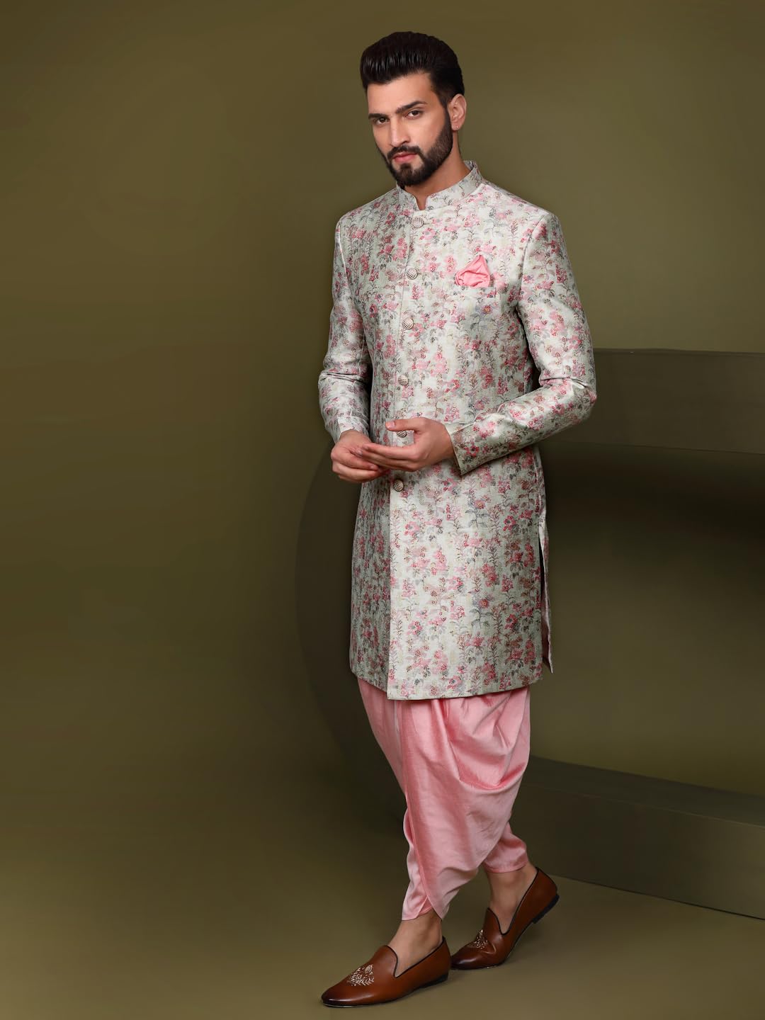 KISAH Men's Ethnic Wear Silk Blend Woven Design Regular Fit Multi-Pink Indo-Western Sherwani Set Indo-Western|42
