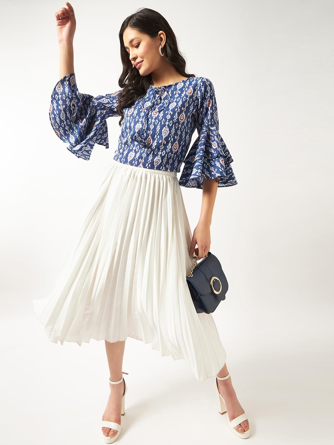 Pannkh Women's Ikat Printed Bell Sleeves Top Stylish Cotton Blouse with Ethnic Print and Flared Sleeves Perfect for Casual Wear