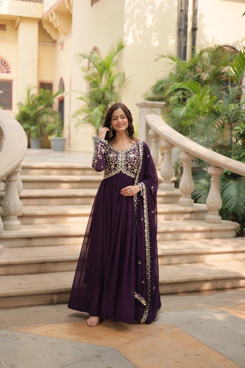 Mehervaa by vinni Women's Purple Embroidered Anarkali Suit Set with Dupatta, Gold Zari Work, Long Sleeve Ethnic Gown (in, Alpha, L, Regular)