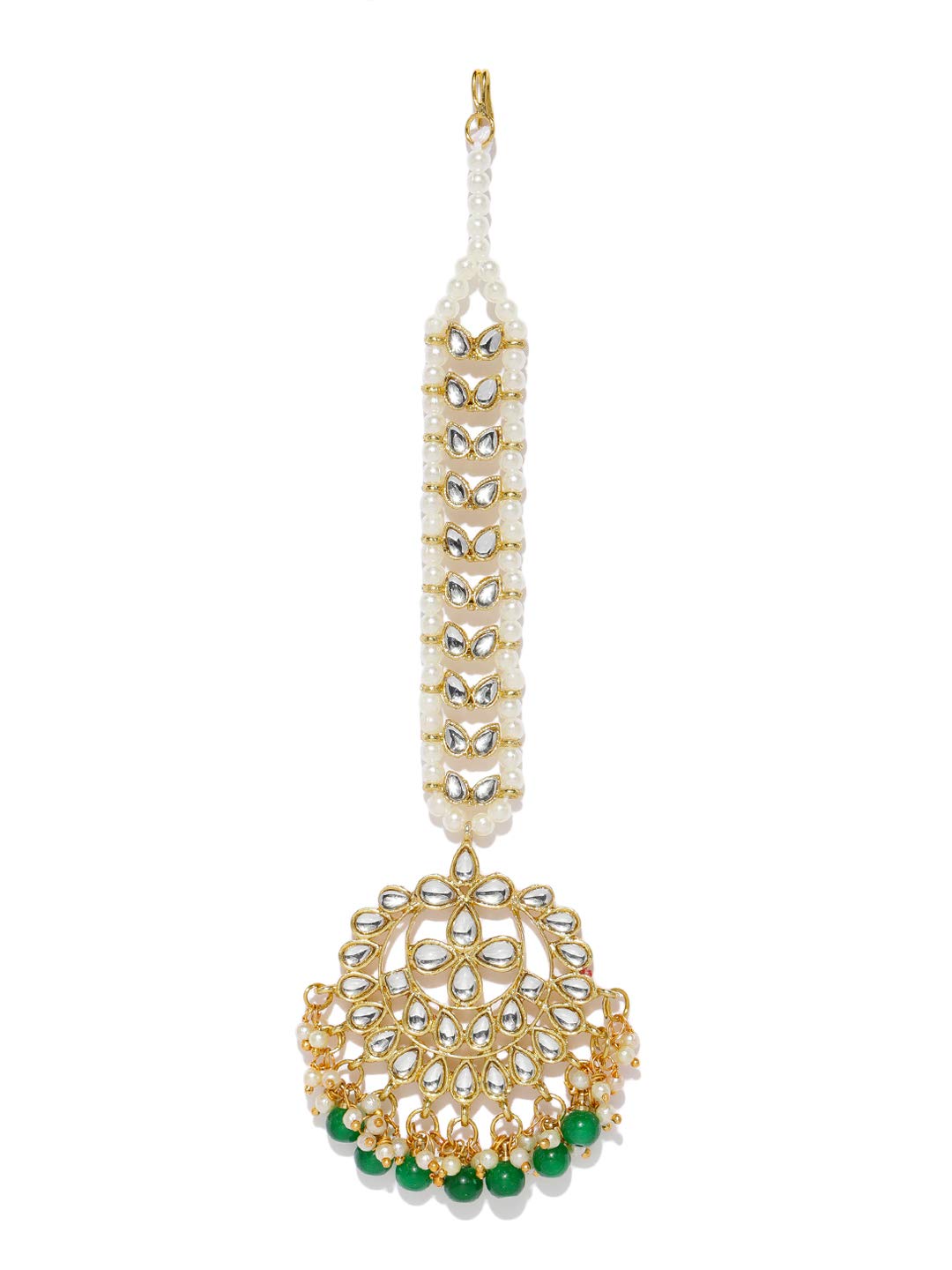 Zaveri Pearls Kundan & Dangling Green Beads Mesmerising Maangtikka for Women-ZPFK9452