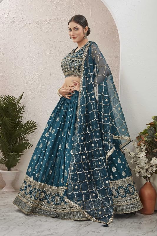 Samprag Jaquard Lehenga Choli Set for Womens | Sleevless | V Neck |Ideal for Wedding & Party Occassions | Blue | M