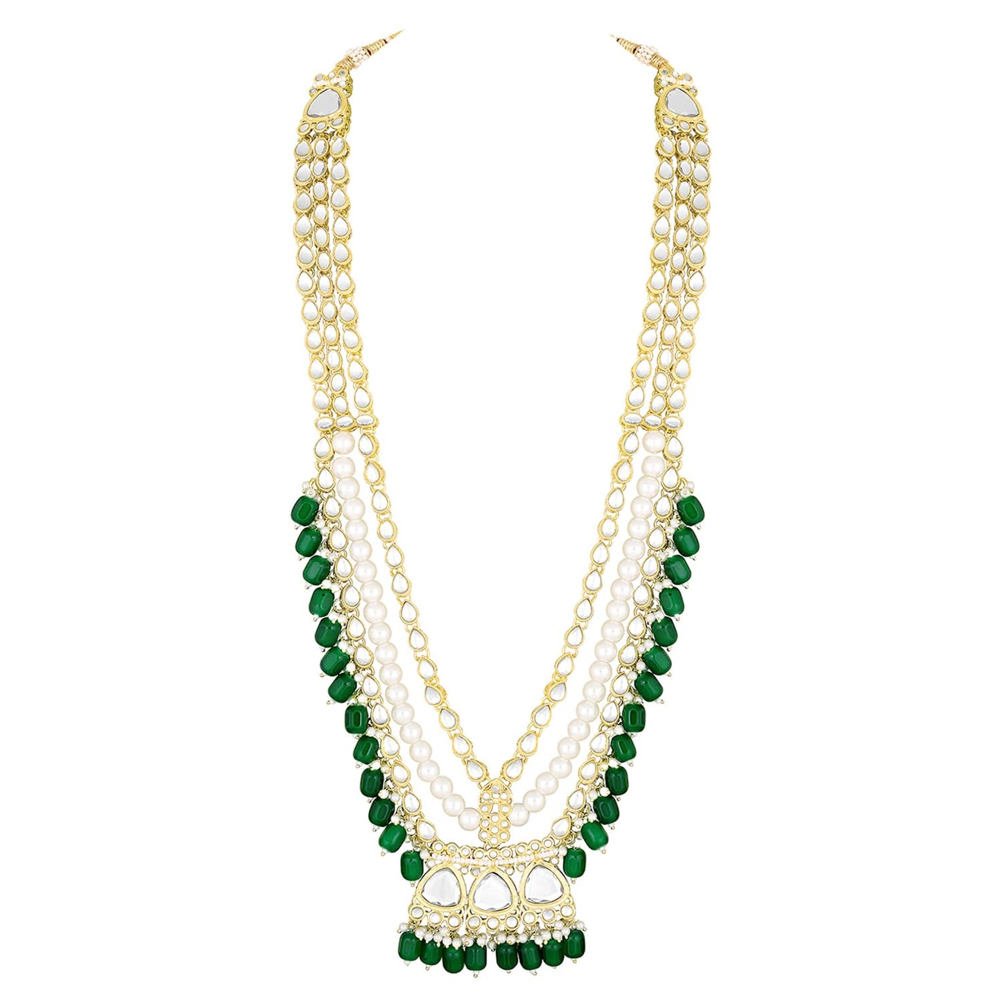 Peora Gold Plated Green Kundan Studded Choker Long Necklace Maangtikka Nathiya Earrings Finger Ring Bridal Jewellery Set for Women