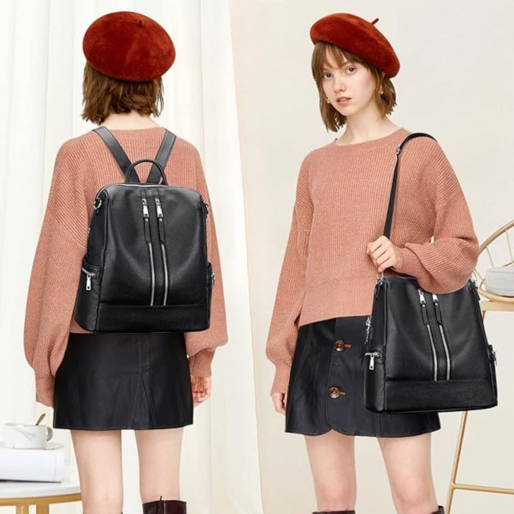 Comfabie Fashion Leather Backpack Purse, Convertible Shoulder Bag, Multi-compartment Design (Black)