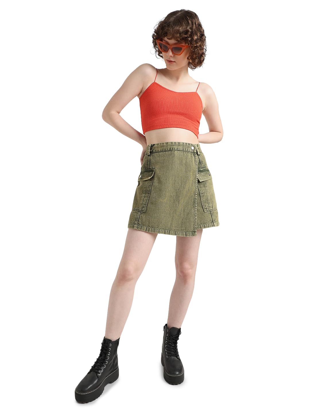 ONLY Women Solid Cotton High Rise Green Cargo Skort