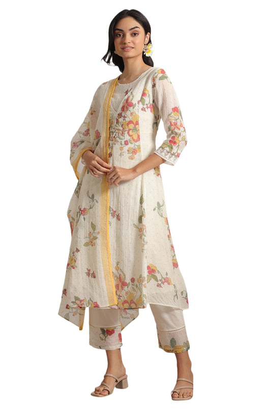 W for Woman White Floral Printed Mock Layered Kota Flared Kurta and Pants Set with Dupatta (Size: XS)-WS11600-124279