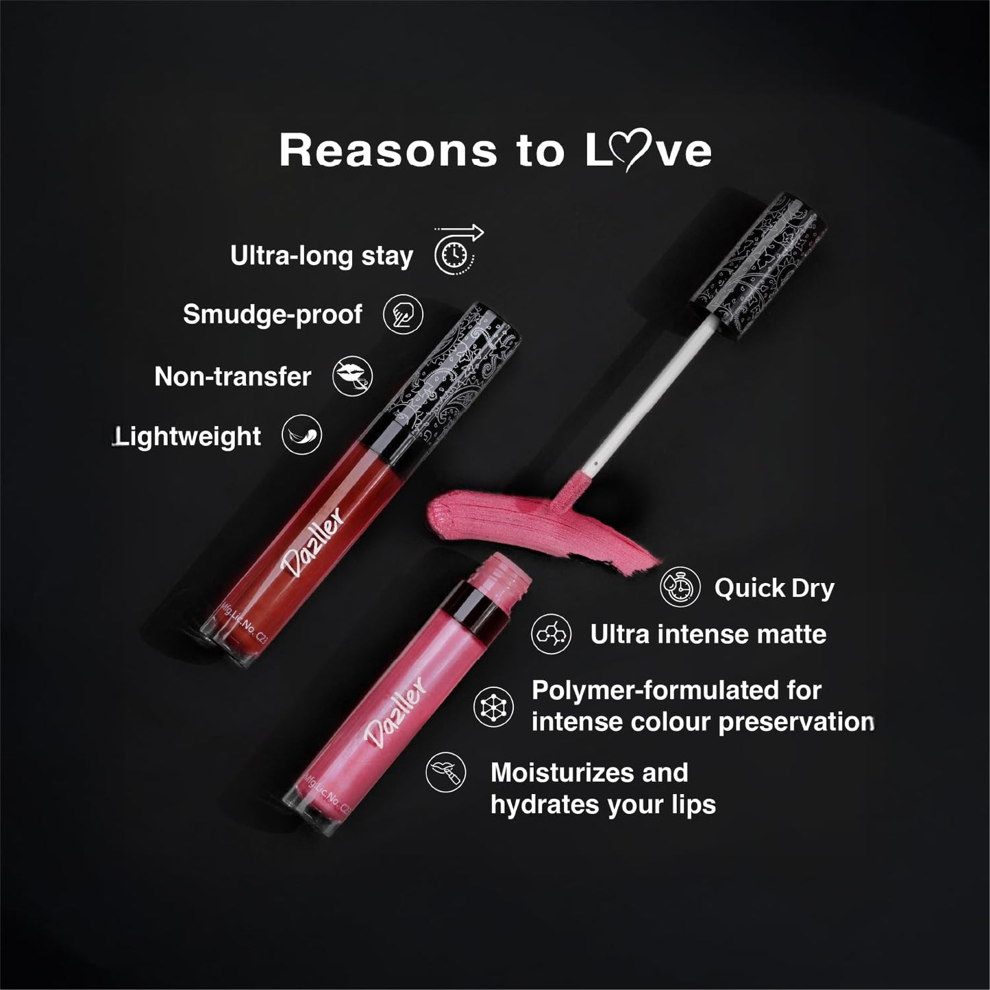 Dazller All Day Lipcolour Quick Dry|Moisturizing Kokum Butter Matte finish |Non-Transfer & Smudge-proof|8hr stay|Liquid Lipstick for Women|QDLC036 Amapola|6g