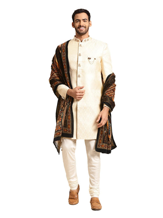 KISAH Sherwani Set with Dupatta for Men – Textured Silk Blend Jacquard Sherwani, Churidar & Dupatta | Traditional Indian Outfit for Weddings, Receptions & Festivals, White, 42