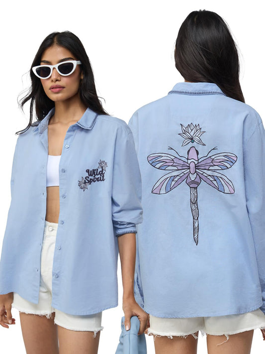 The Souled Store Cotton Linen: Wild Spirit Women and Girls Long Sleeves Collared Neck Button Front Blue Embroidered Lightweight Summer-Ready Cotton Linen Shirt for Casual Streetwear