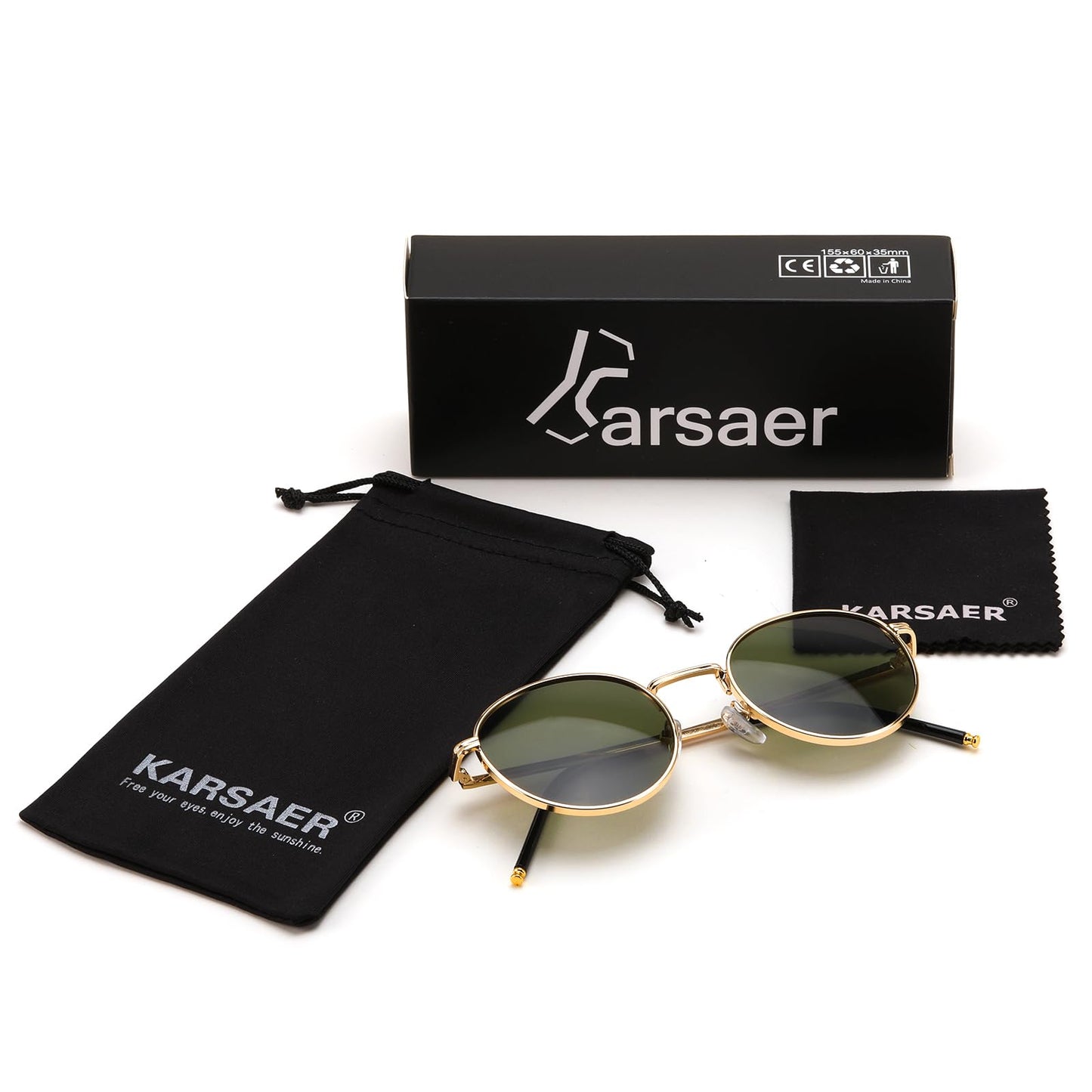 Karsaer Retro Round Metal Frame Non-Polarized Sunglasses Women Sun Protection Fashion Sun Shade Glasses E1092, Gold,Green, Size_51