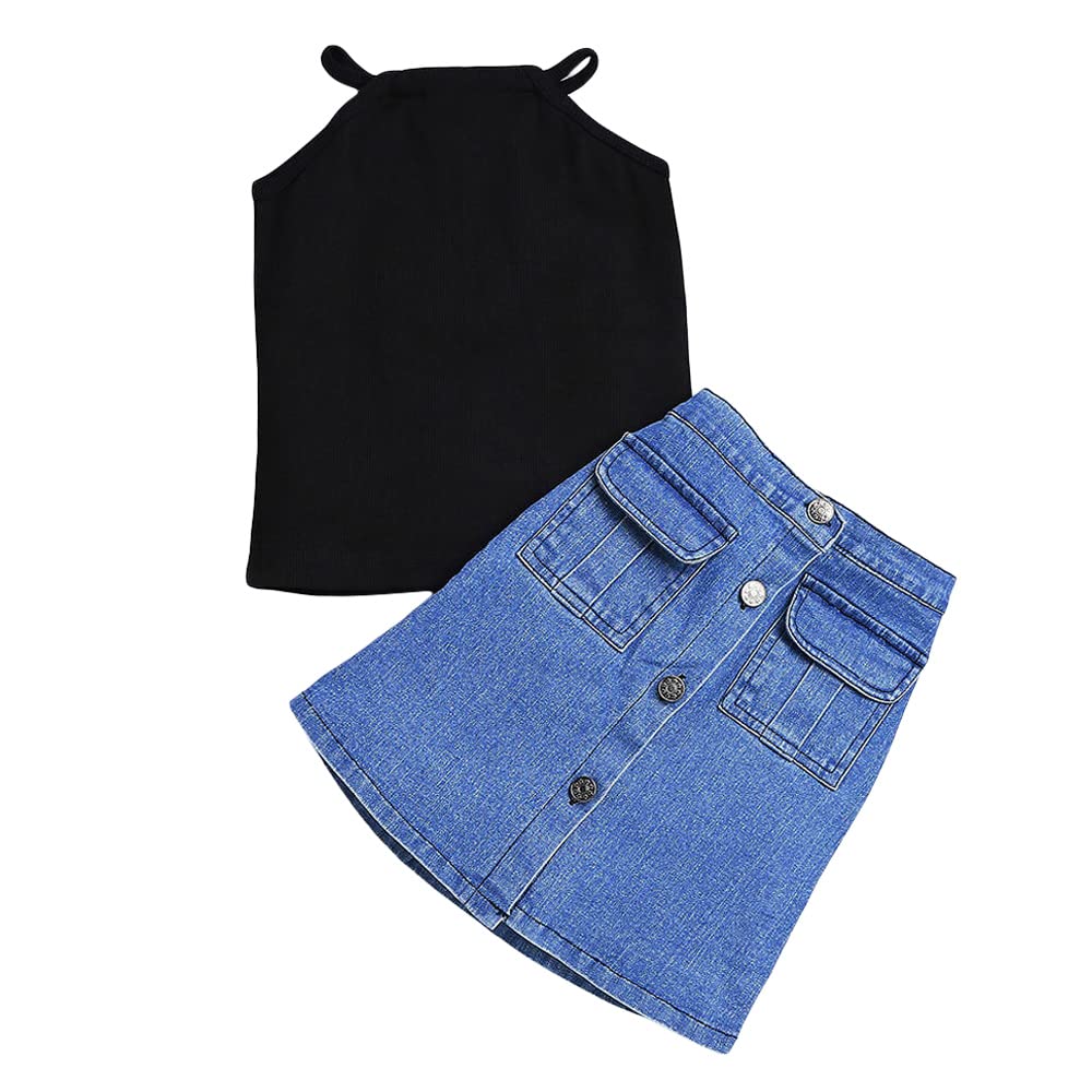 Hopscotch Girls Cotton Solid T-shirt and Skirt Set In Black Color For Ages 5-6 Years (JIG-3082401)