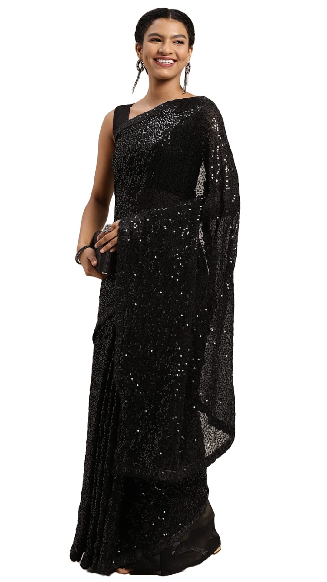 Pandadi Saree Women Black Georgette Saree With All-Over Sequin Work And Satin Banglori Blouse