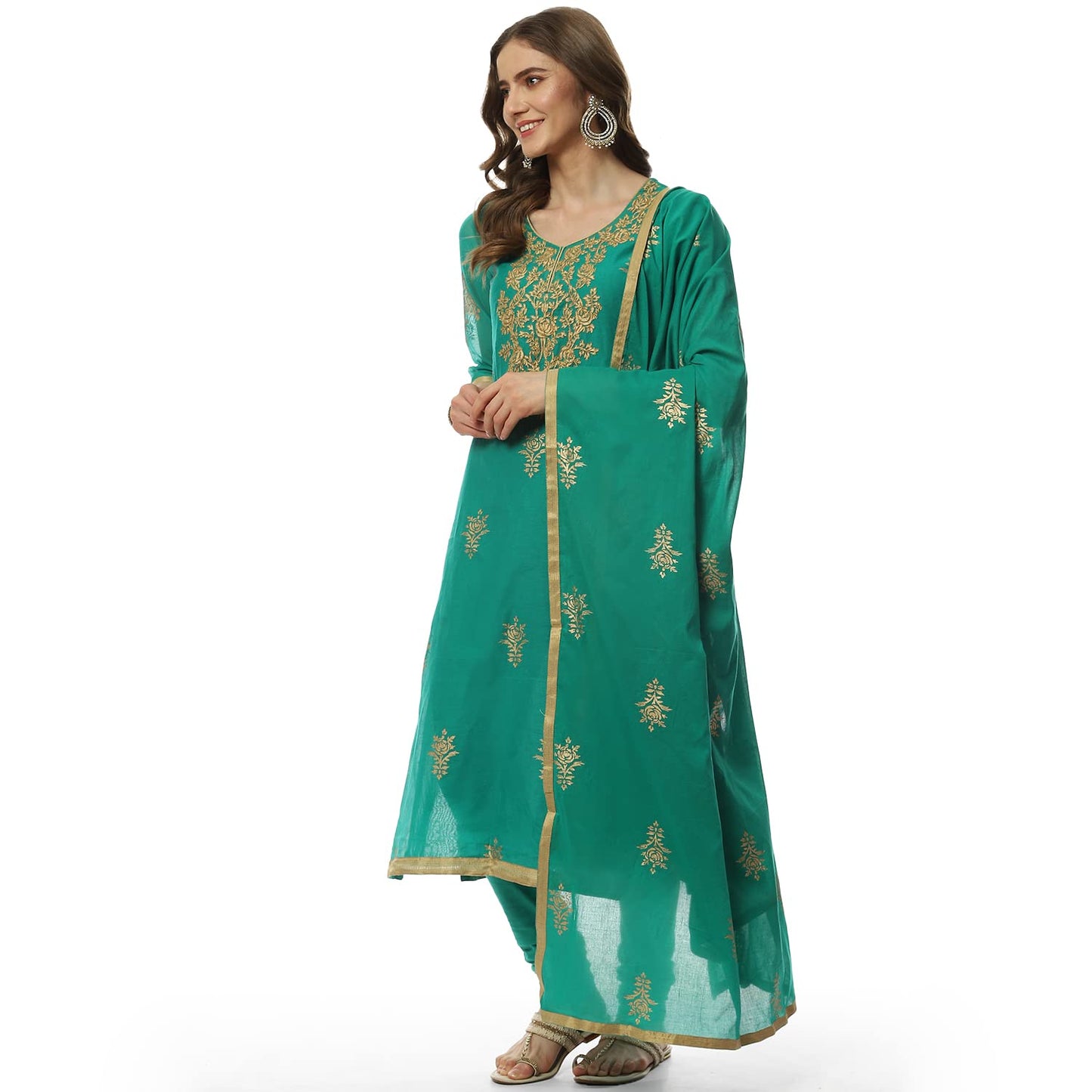 BIBA Cotton Women Printed Fitted Salwar Kurta Dupatta(Skdassorted7716_Green_34)