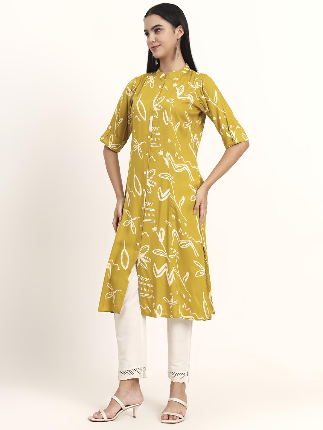 Divena Mustard Abstract Rayon A-Line Kurta (DBK1458)