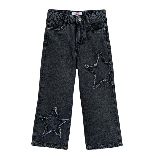 Hopscotch Girls Black Star Applique Cotton Wide Leg Jeans (6-7 Years)