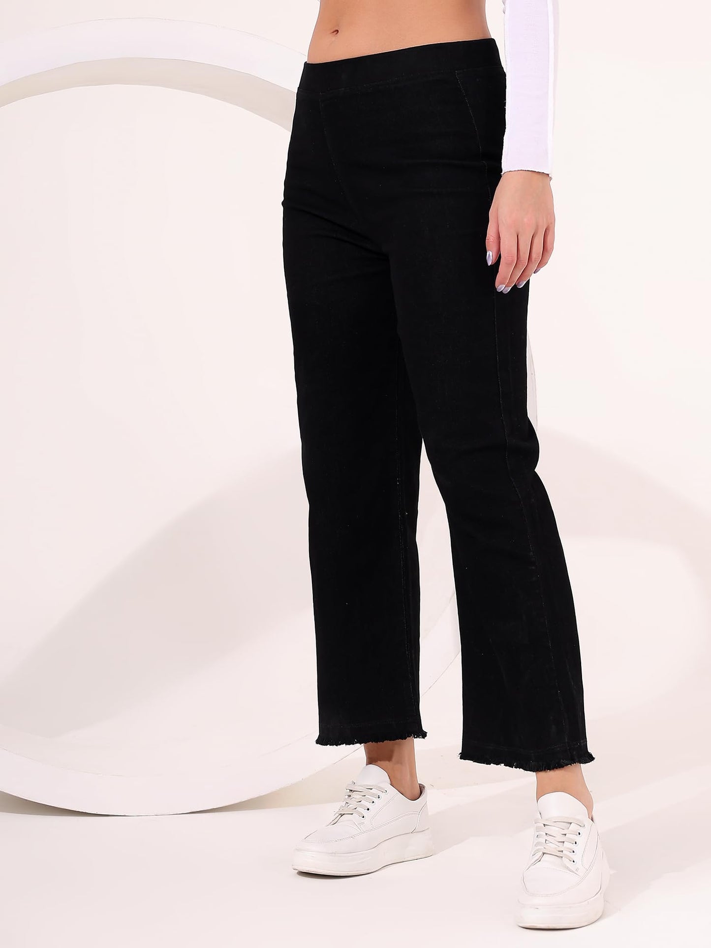 HIGHTEN Women’s Black Wide Leg Elastic Waist Jeans | High Rise Loose Fit Stretch Denim Pants Without Belt Loops