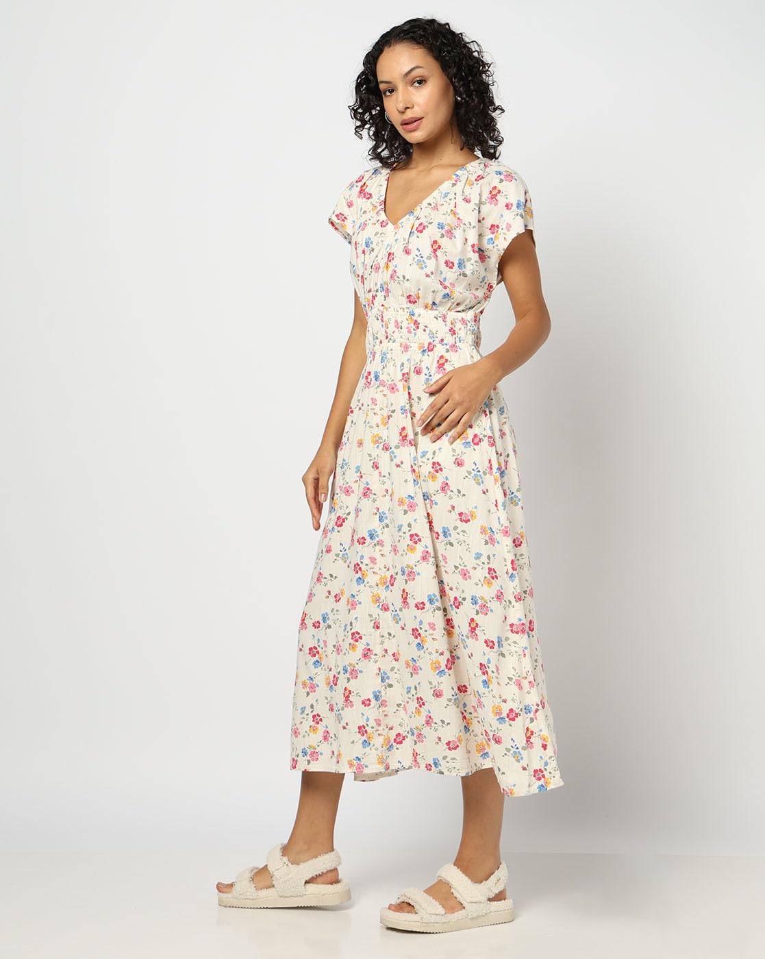 GAP Women Floral Short Sleeves V- Neck A-Line Dress,Multi,XS Multicolour