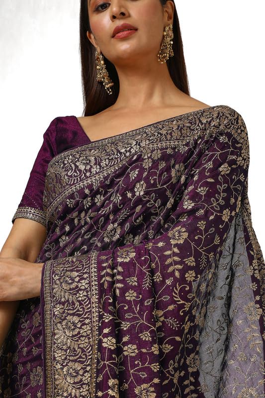 Soch Womens Wine Tussar Embroidered Saree With Tassels