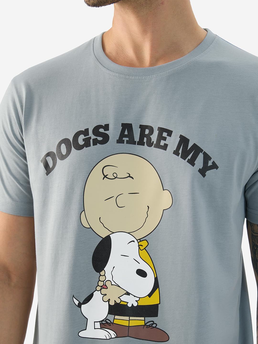 The Souled Store Official Peanuts: Favorite Dog Men and Boys Short Sleeve Round Neck Blue Graphic Printed Regular Fit Cotton T-Shirts