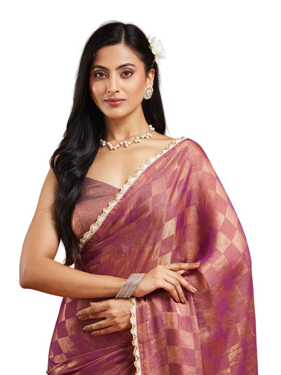 LOROFY Women's Zimmy Choo Silk Blend Saree with Sequin Embroidered Lace Border, Checked Zari Detailing & Unstitched Banglori Blouse Piece (Fandy Box 0.2-Wine_Wine_Free Size)