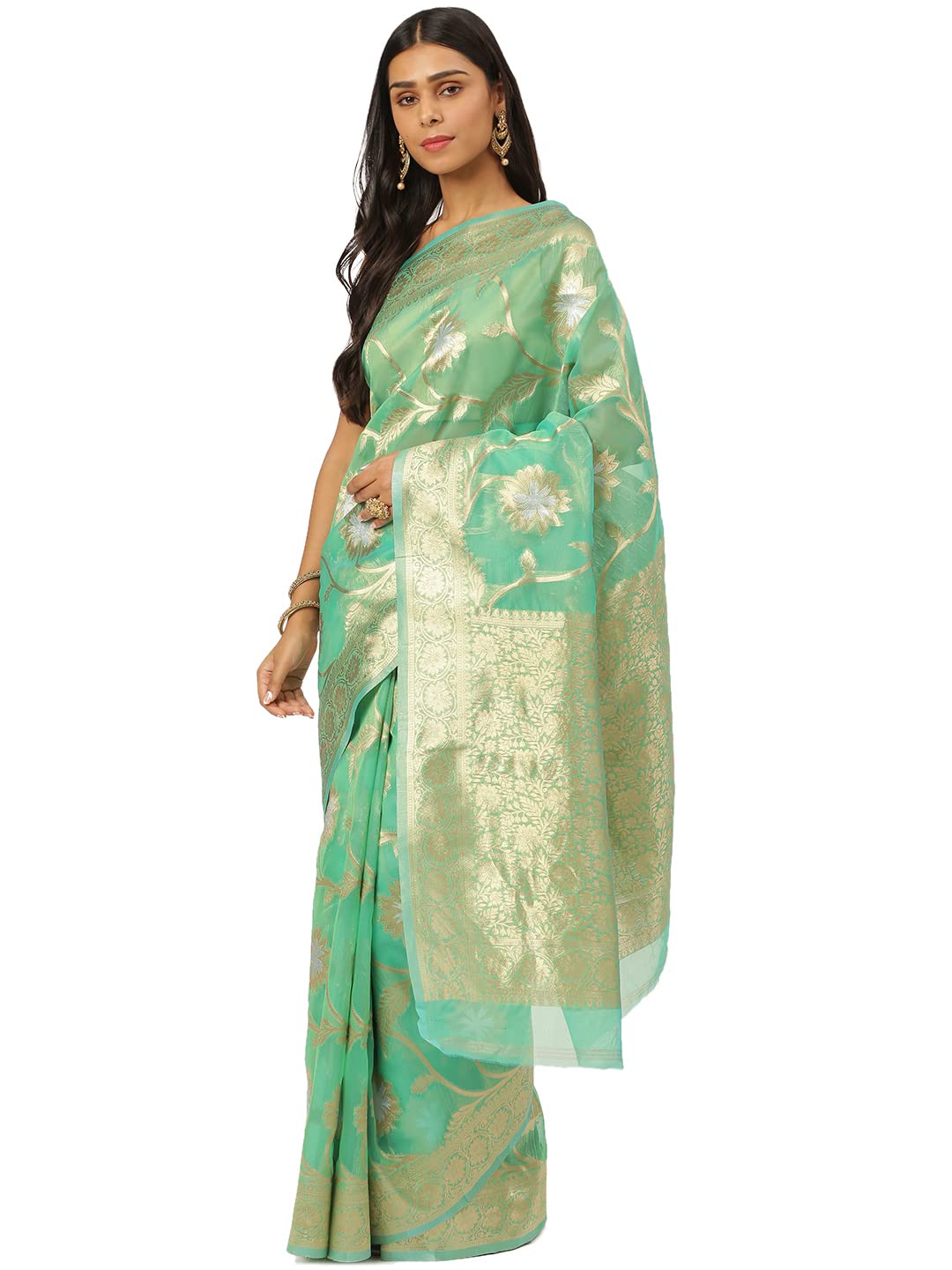 KARAGIRI Womens Organza Silk Green Saree With Blouse Piece