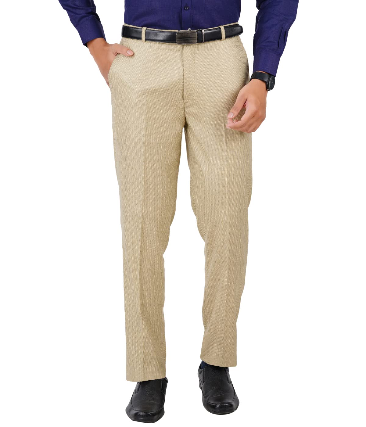 Mc Henry Men's Stretchable Self Design Light Beige Formal Regular Fit Trousers(LLBEIGE3804-34_Colour-Light Beige_Size:34)