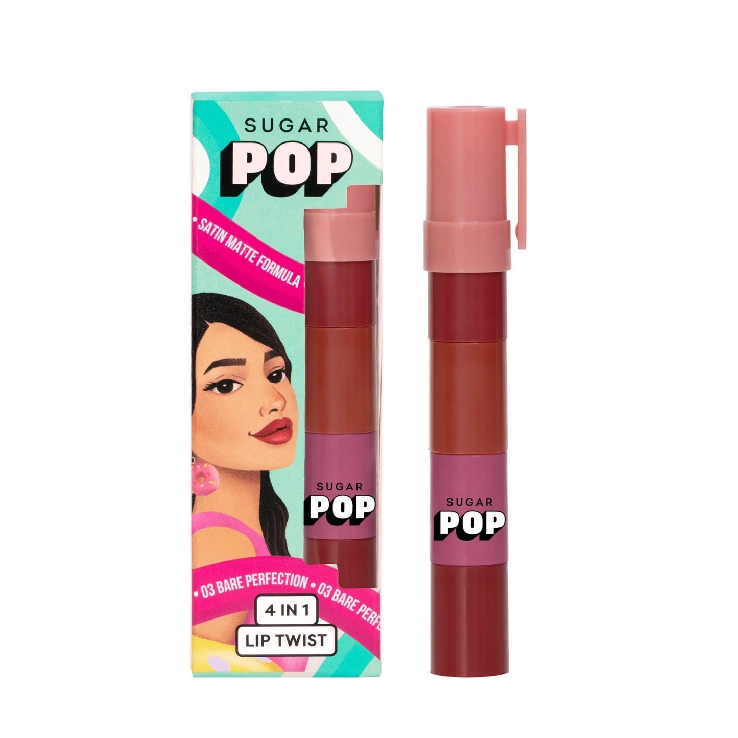 SUGAR POP 4 in 1 Lip Twist Rouge Delight | Multi-use Stackable Lipsticks for Women | Satin Matte Hydrating Formula | 6.4g (SUGAR POP 4 in 1 Lip Twist - 02)