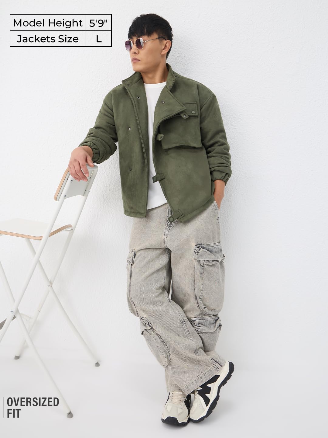 The Souled Store Racer Jacket: Men and Boys Full Sleeves Mock Neck Hunter Green Solid Suede Oversized Fit Utility Pockets Lightweight Winter Jacket
