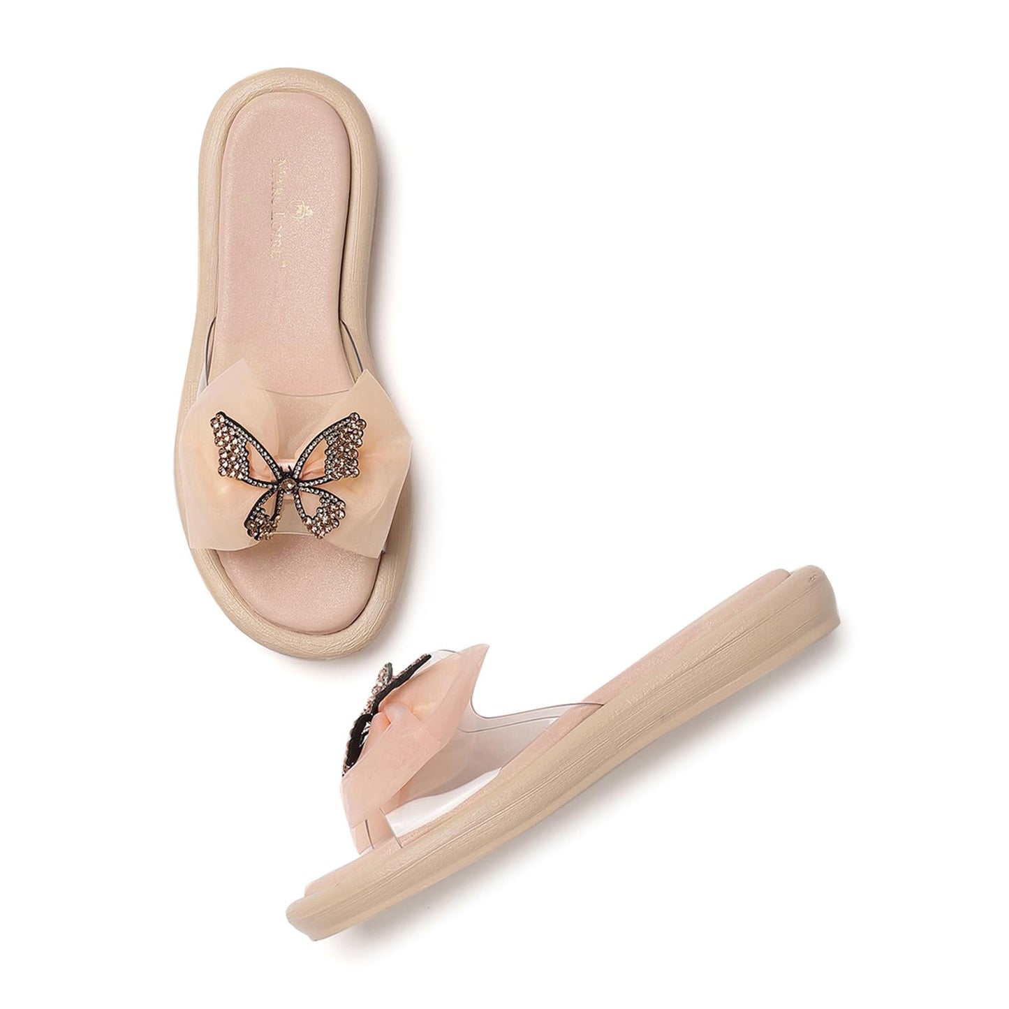 Marc Loire Women Smart Casual Butterfly Embellished Slip-On Flats | Open Toe Cute Fashion Sandals with Comfortable Sole (Peach, UK Footwear Size System, Adult, Women, Numeric, Medium, 4)