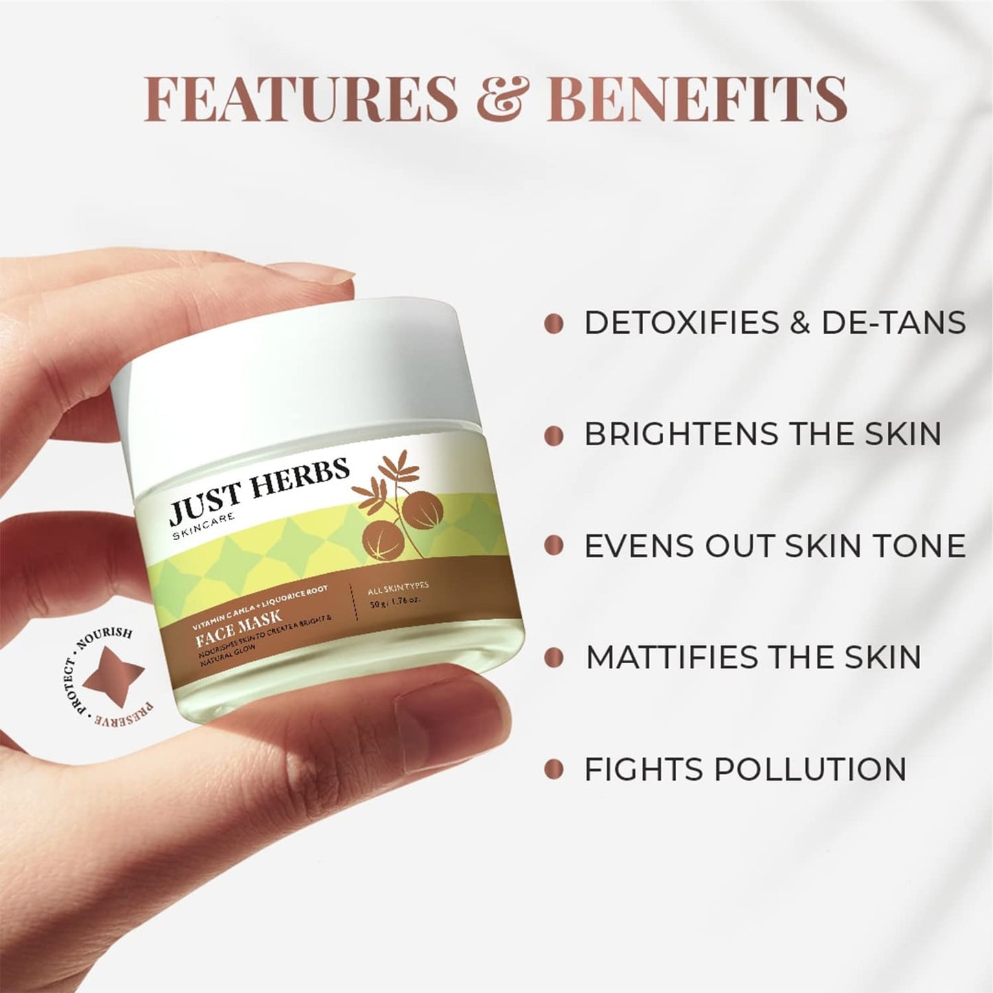 Just Herbs Ayurvedic Vitamin C Face Pack & Mask with Amla, Liquorice Root & Bentonite Clay for De-Tan, Detoxifying & Skin Brightening - 50 gm