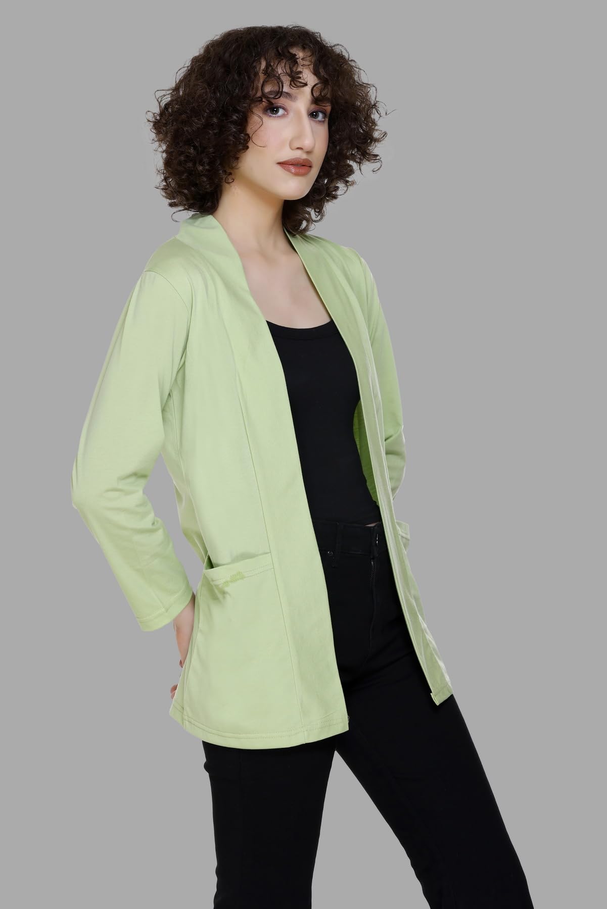 Plush Women's Cotton Waterfall Front Open Regular Mid Length Shurgs | Girls/Ladies Shrug with Front Pockets (2XL-Light Green)